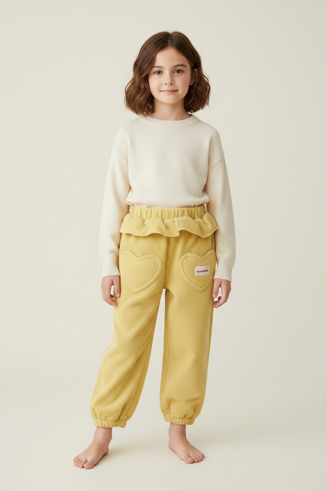 Pantalon À Pince Jaune Côtelé Cœurs Volants Enfant - Cordé