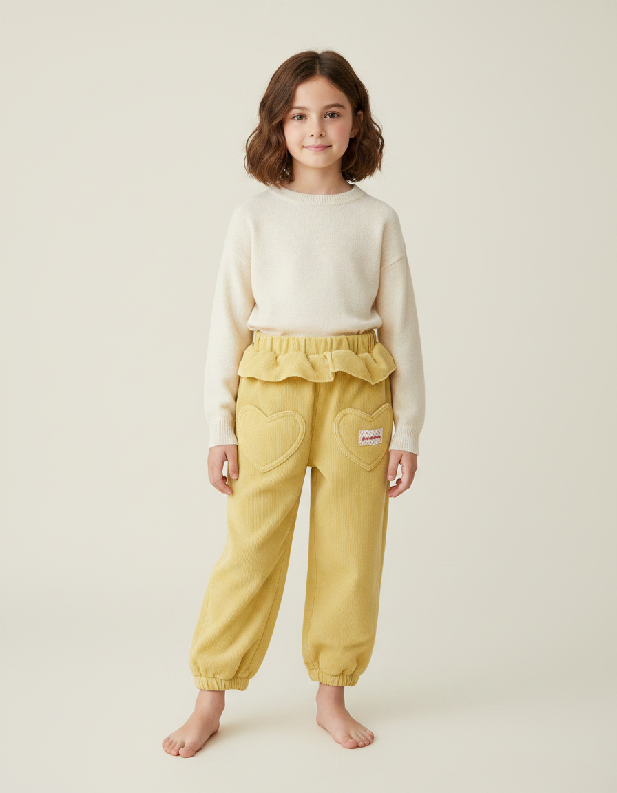 Pantalon À Pince Jaune Côtelé Cœurs Volants Enfant - Cordé