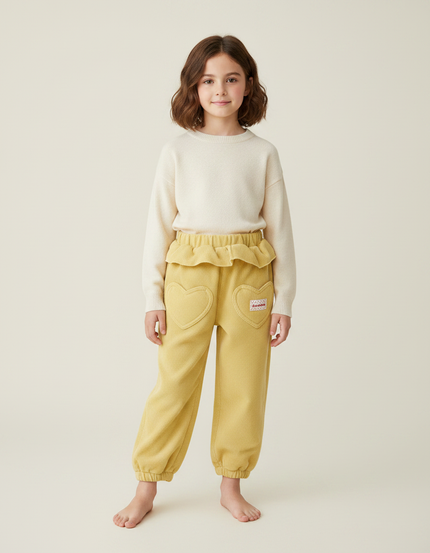 Pantalon À Pince Jaune Côtelé Cœurs Volants Enfant - Cordé