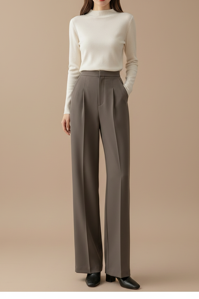 Pantalon À Pince Gris Plissé Ample Taille Haute Femme - Gabardine