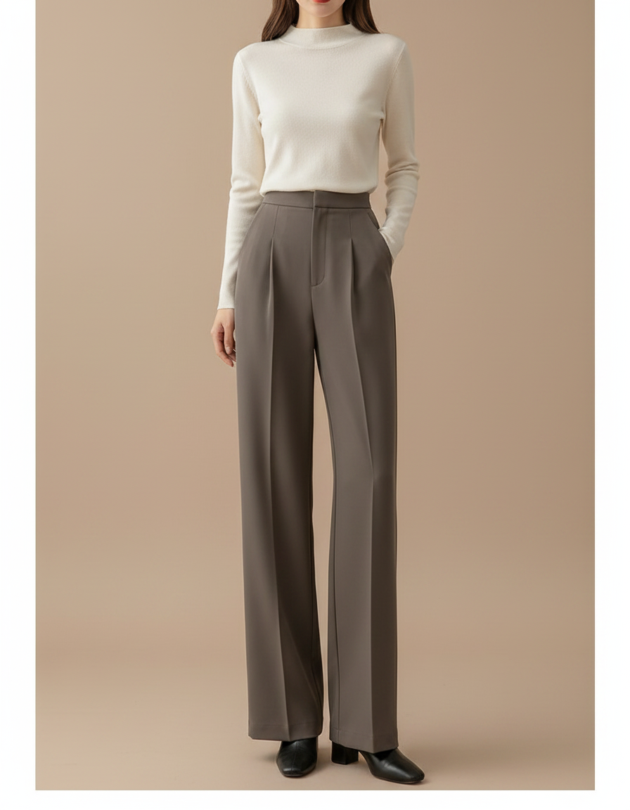Pantalon À Pince Gris Plissé Ample Taille Haute Femme - Gabardine