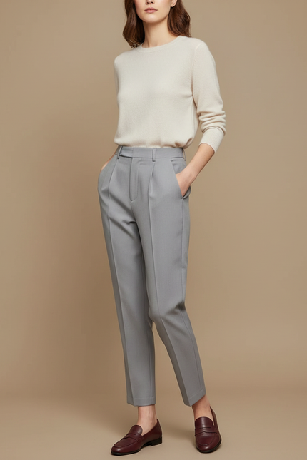 Pantalon À Pince Gris Élégant Fuselé Décontracté Femme - Gabardine