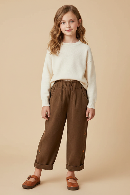 Pantalon À Pince Marron Brodé Fleur Ample Coton - Molleton