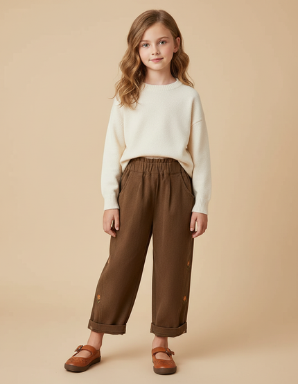 Pantalon À Pince Marron Brodé Fleur Ample Coton - Molleton