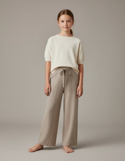 Pantalon À Pince Beige Tricoté Ample Décontracté Enfant - Maille