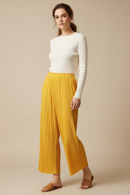 Pantalon À Pince Jaune Plissé Ample Fluide Décontracté - Polyester