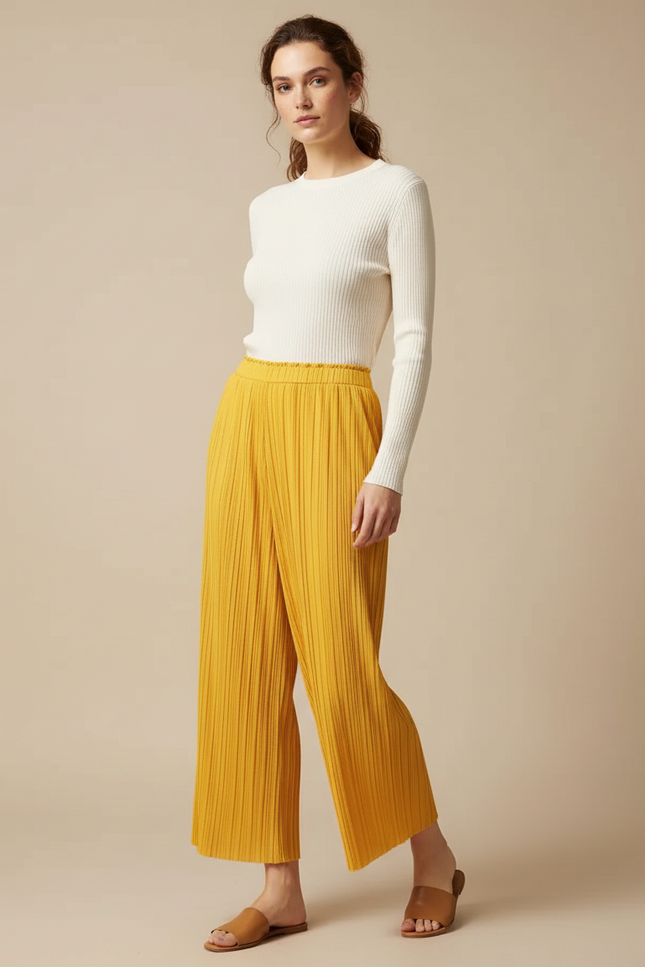 Pantalon À Pince Jaune Plissé Ample Fluide Décontracté - Polyester