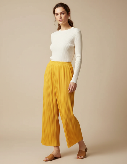 Pantalon À Pince Jaune Plissé Ample Fluide Décontracté - Polyester