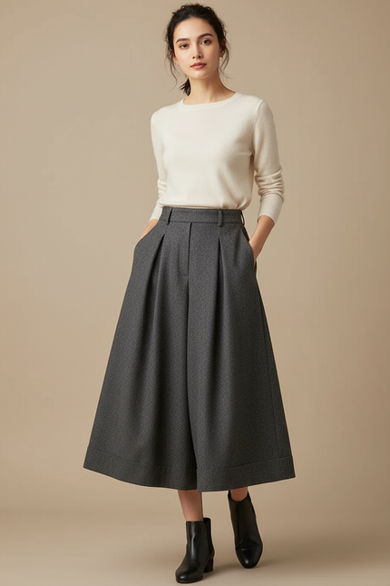 Pantalon À Pince Gris Ample Plissé Laine Élégant - Tweed