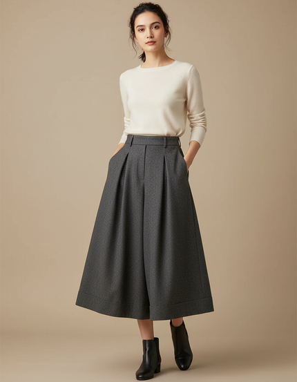 Pantalon À Pince Gris Ample Plissé Laine Élégant - Tweed