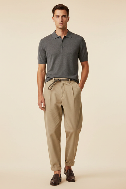 Pantalon À Pince Kaki Coton Loose Plissé Décontracté