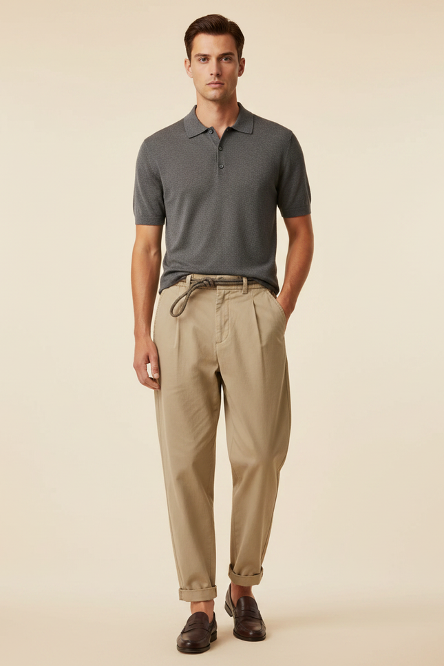 Pantalon À Pince Kaki Coton Loose Plissé Décontracté