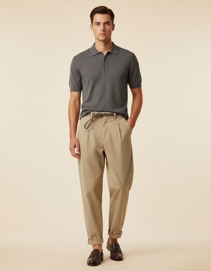 Pantalon À Pince Kaki Coton Loose Plissé Décontracté