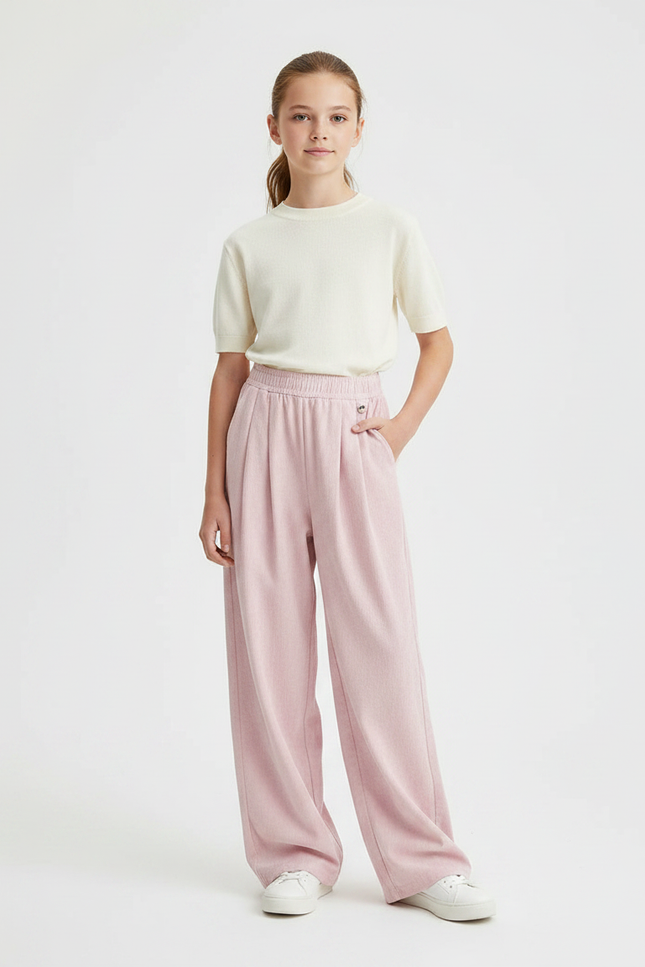 Pantalon À Pince Rose Ample Taille Haute Fille - Cordé