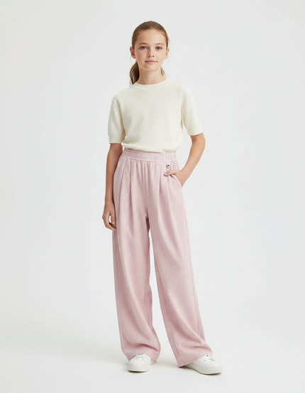 Pantalon À Pince Rose Ample Taille Haute Fille - Cordé