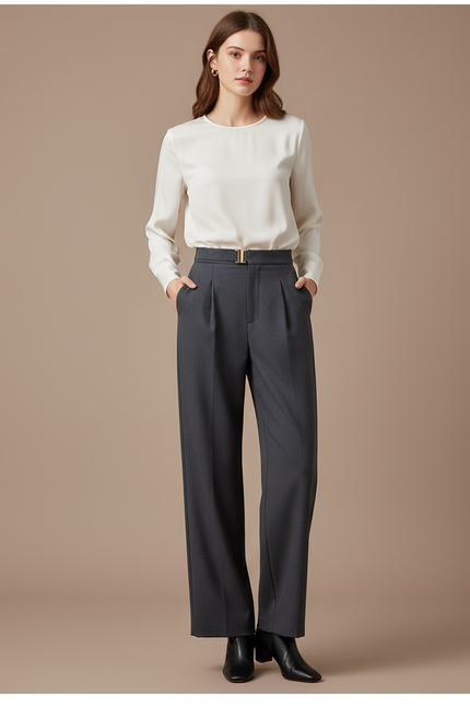 Pantalon À Pince Gris Anthracite Ample Taille Haute Élégant - Gabardine