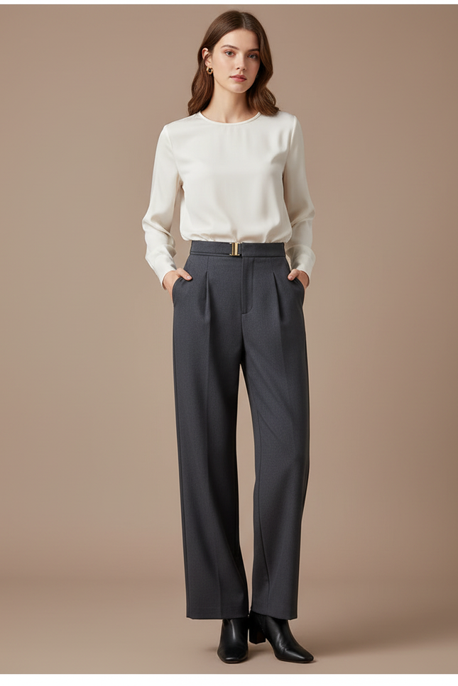 Pantalon À Pince Gris Anthracite Ample Taille Haute Élégant - Gabardine