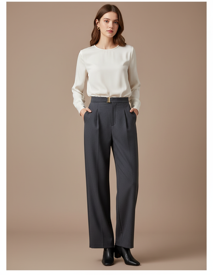 Pantalon À Pince Gris Anthracite Ample Taille Haute Élégant - Gabardine