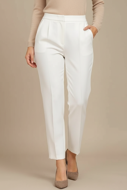 Pantalon À Pince Blanc Taille Haute Plissé Confortable - Polyester