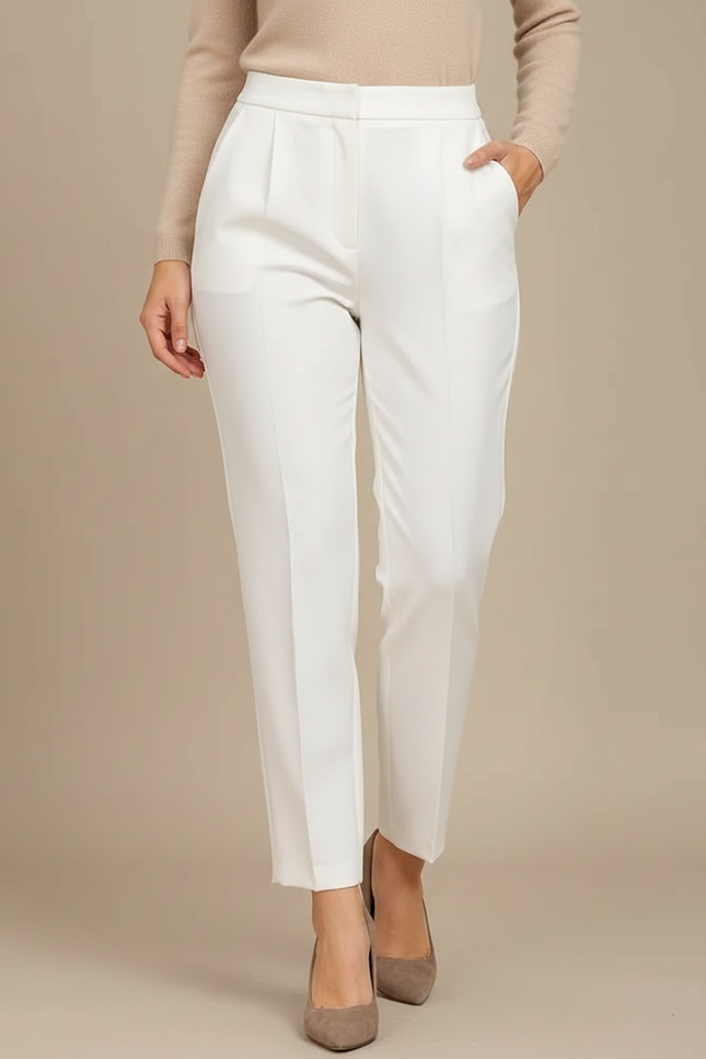 Pantalon À Pince Blanc Taille Haute Plissé Confortable - Polyester