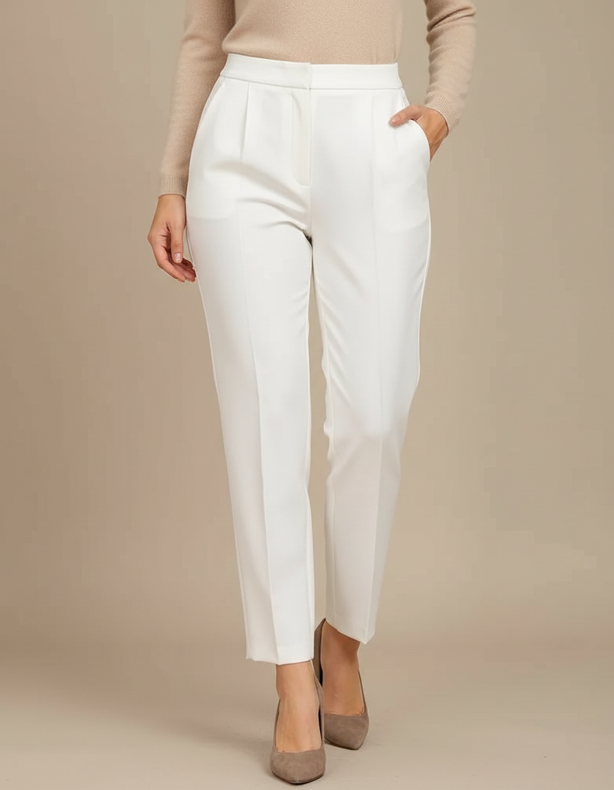 Pantalon À Pince Blanc Taille Haute Plissé Confortable - Polyester