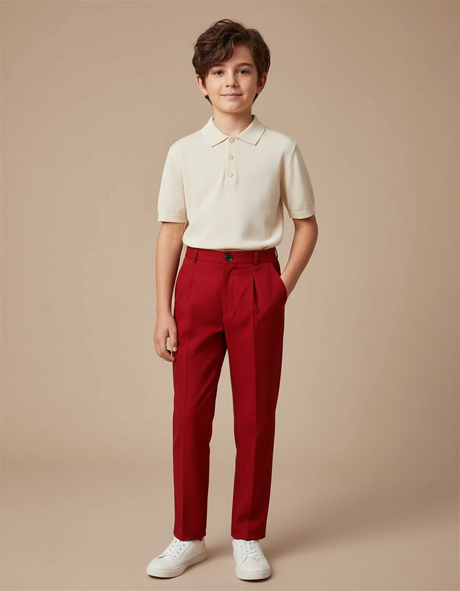 Pantalon À Pince Rouge Droit Élégant Garçon - Gabardine