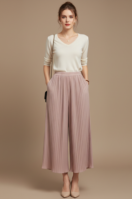Pantalon À Pince Plissé Fluide Rose Ample Casual - Polyester
