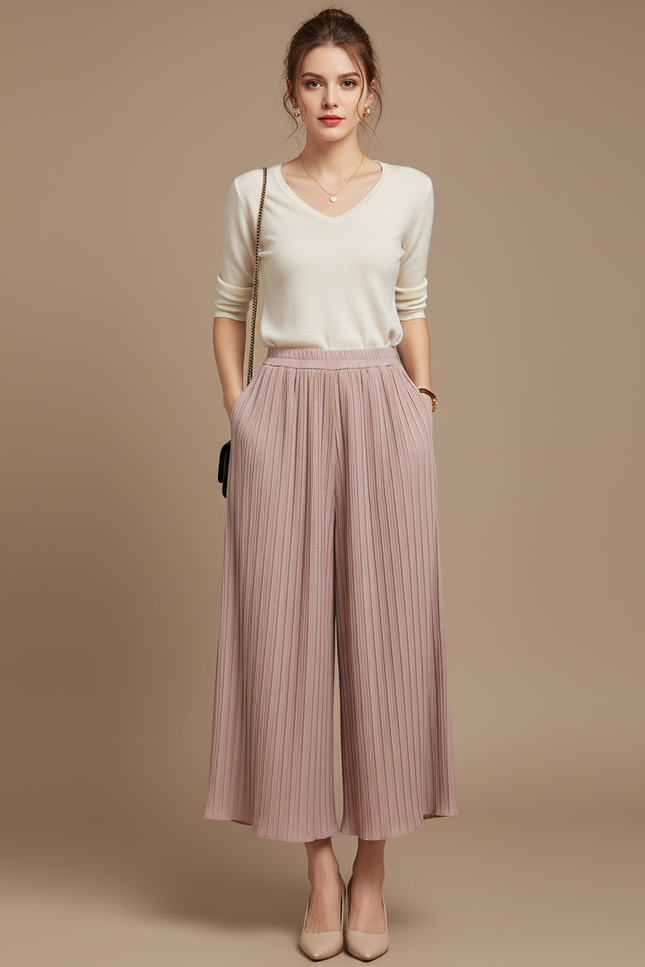 Pantalon À Pince Plissé Fluide Rose Ample Casual - Polyester