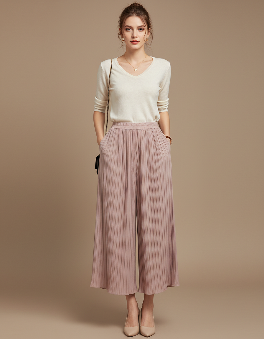 Pantalon À Pince Plissé Fluide Rose Ample Casual - Polyester