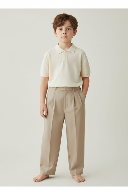 Pantalon À Pince Beige Droit Plissé Décontracté Enfant - Gabardine