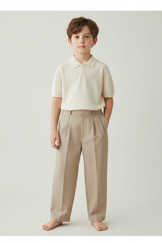 Pantalon À Pince Beige Droit Plissé Décontracté Enfant - Gabardine