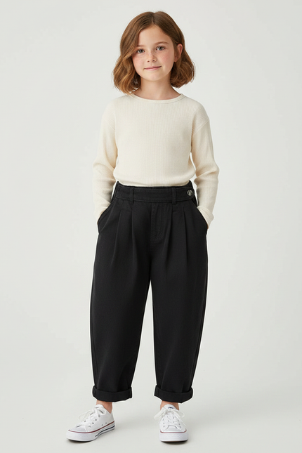 Pantalon À Pince Noir Ample Coton Enfant - Gabardine