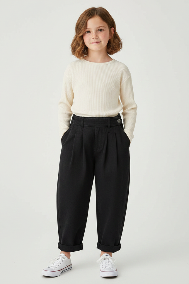 Pantalon À Pince Noir Ample Coton Enfant - Gabardine
