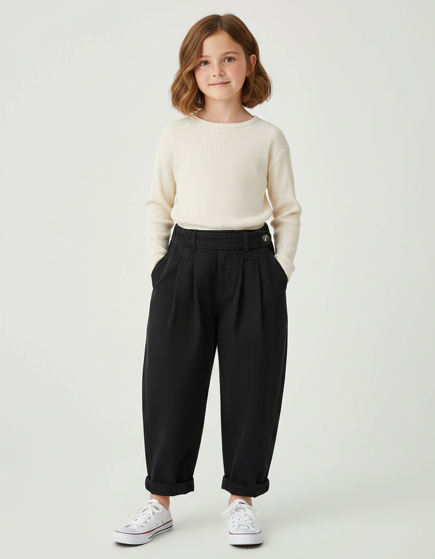 Pantalon À Pince Noir Ample Coton Enfant - Gabardine