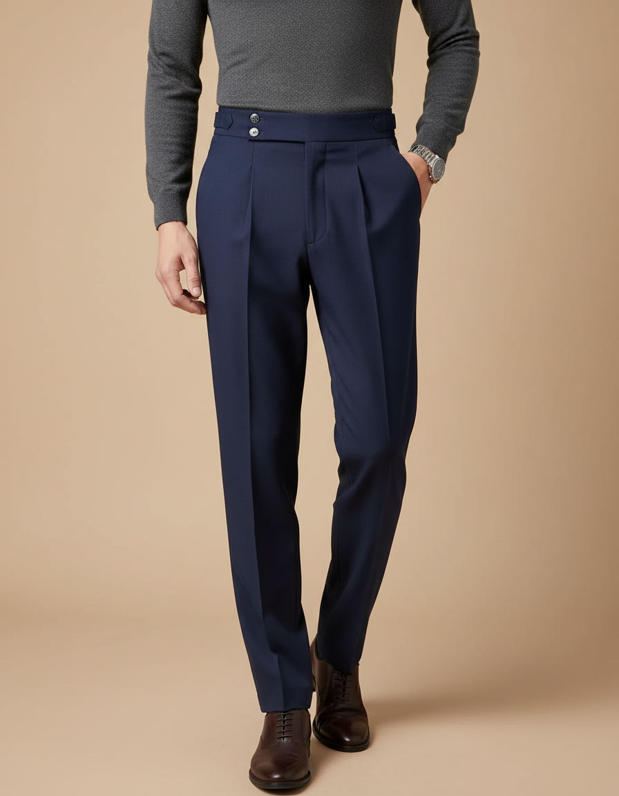 Pantalon À Pince Bleu Marine Drapé Élégant Homme - Gabardine