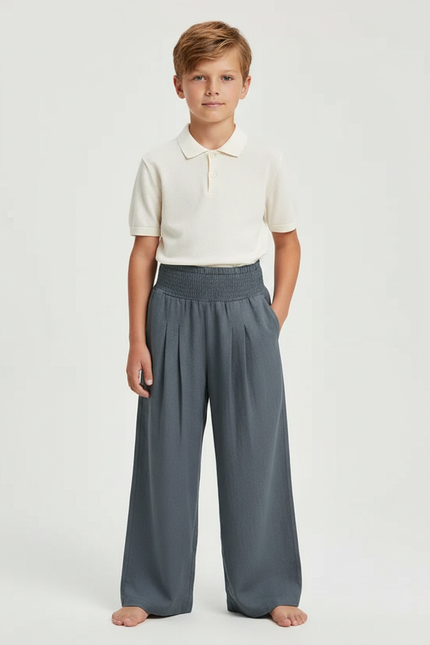 Pantalon À Pince Gris Ample Plissé Confortable Enfant - Lin