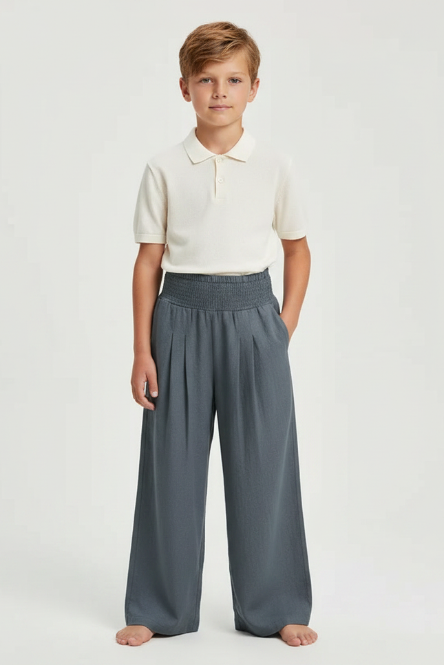 Pantalon À Pince Gris Ample Plissé Confortable Enfant - Lin