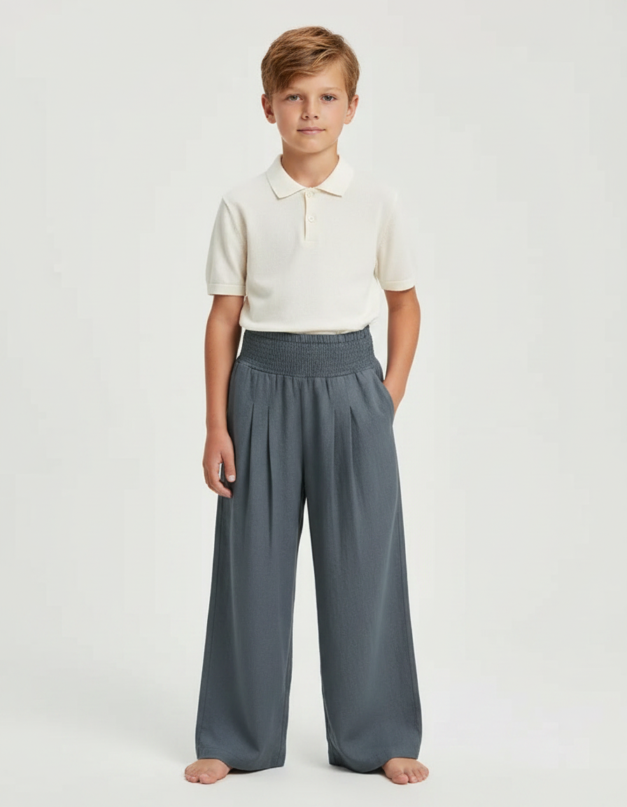Pantalon À Pince Gris Ample Plissé Confortable Enfant - Lin
