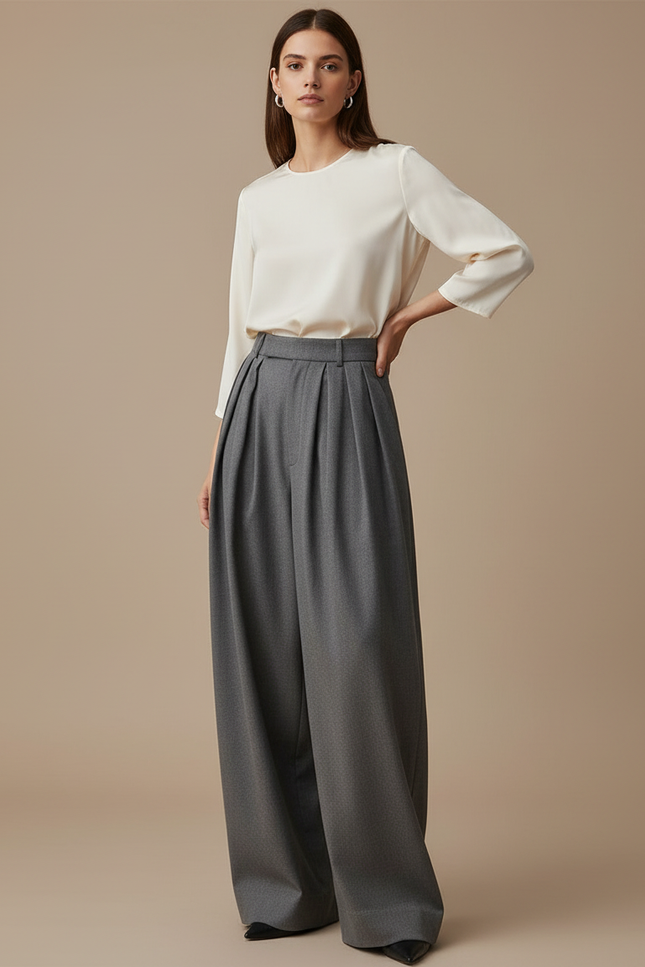 Pantalon À Pince Gris Large Plissé Fluide Femme - Laine