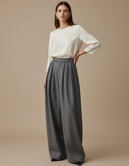 Pantalon À Pince Gris Large Plissé Fluide Femme - Laine