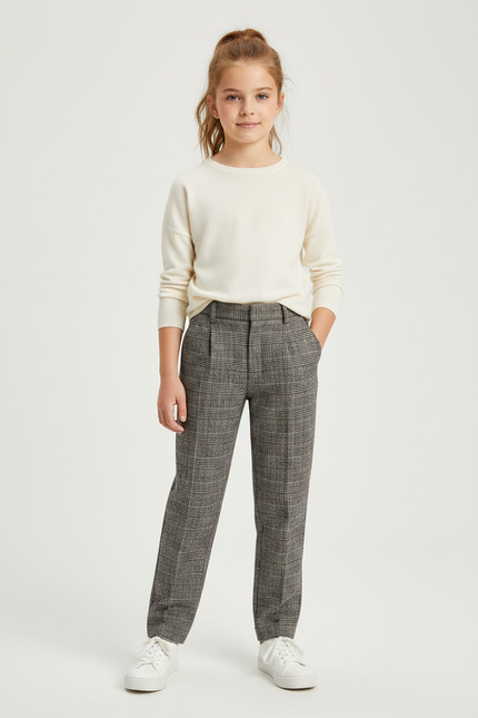 Pantalon À Pince Carreaux Plaid Gris Fille Élégant - Imprimé Tweed