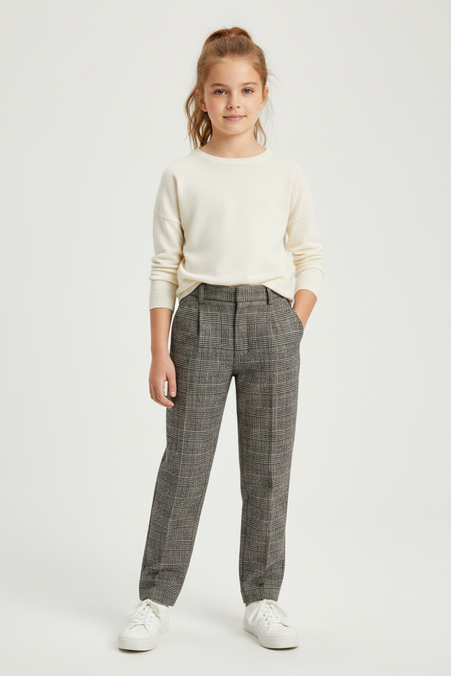 Pantalon À Pince Carreaux Plaid Gris Fille Élégant - Imprimé Tweed