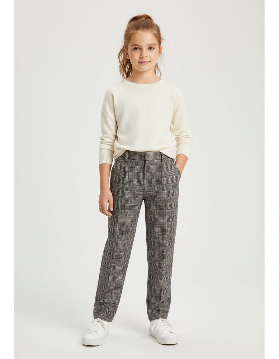 Pantalon À Pince Carreaux Plaid Gris Fille Élégant - Imprimé Tweed
