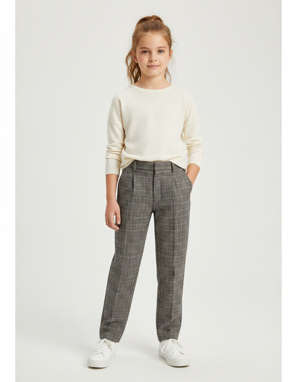 Pantalon À Pince Carreaux Plaid Gris Fille Élégant - Imprimé Tweed