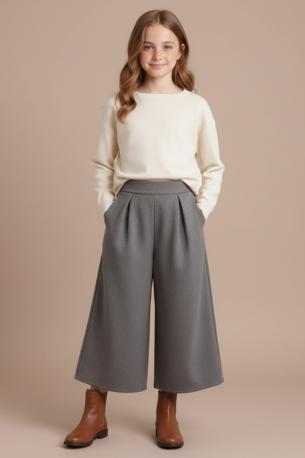 Pantalon À Pince Gris Ample Plissé Décontracté Fille - Gabardine