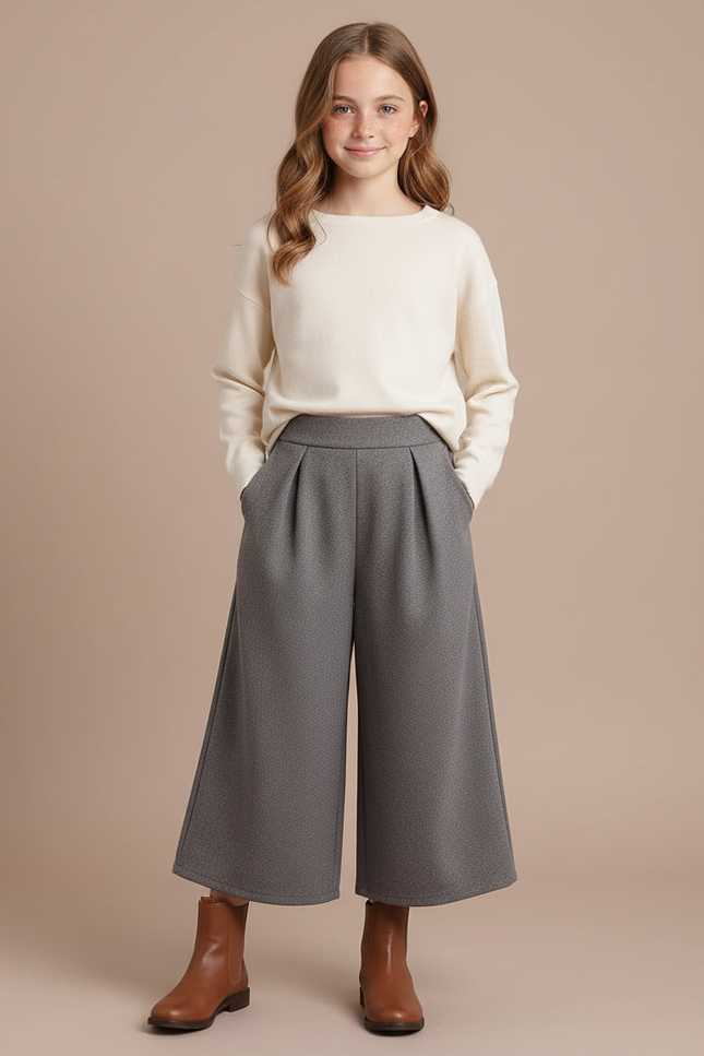 Pantalon À Pince Gris Ample Plissé Décontracté Fille - Gabardine