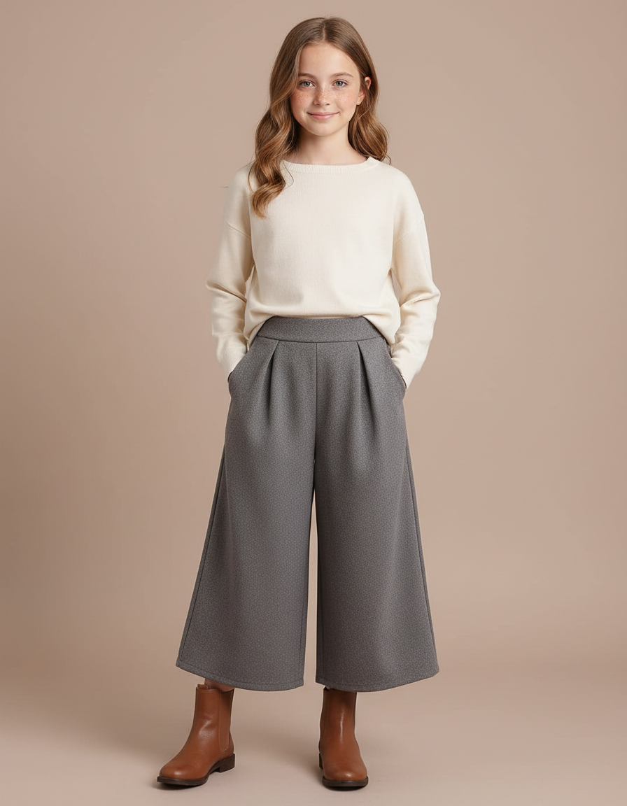 Pantalon À Pince Gris Ample Plissé Décontracté Fille - Gabardine