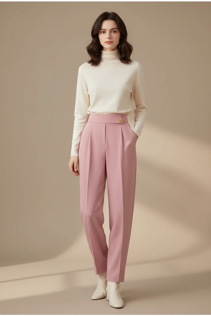 Pantalon À Pince Rose Droit Taille Haute Élégant - Polyester