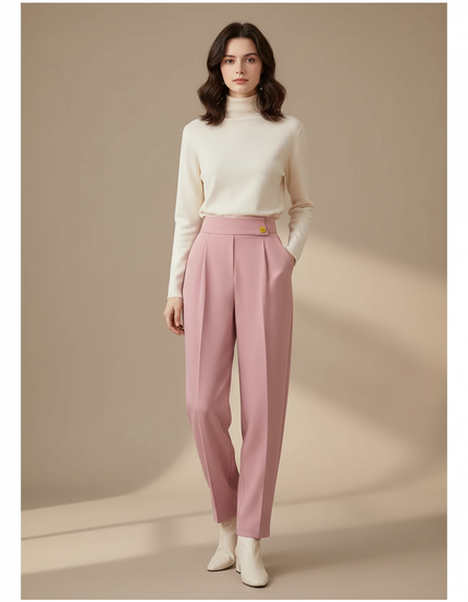 Pantalon À Pince Rose Droit Taille Haute Élégant - Polyester