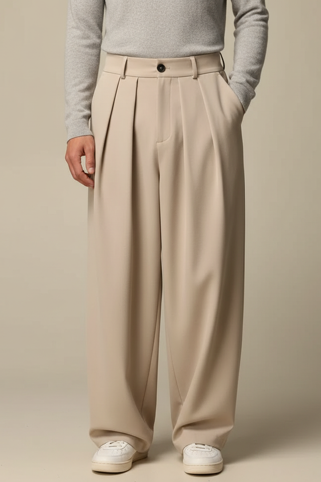 Pantalon À Pince Beige Ample Plissé Droit Décontracté - Polyester